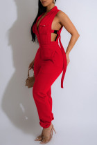 Roter, legerer, einfarbiger Skinny-Overall mit Taschen und Reißverschlusskragen