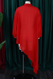 レッド カジュアル ソリッド 非対称 タートルネック 長袖 プラス サイズ ドレス