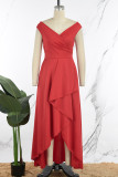 Rood Dagelijkse beroemdheden Elegante patchwork volant effen kleur asymmetrische jurken met V-hals