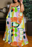 Gele sexy casual print backless spaghetti band lange jurk jurken