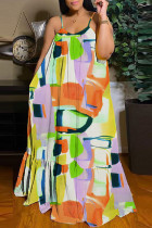 カラー セクシー カジュアル プリント バックレス スパゲッティ ストラップ ロングドレス ドレス