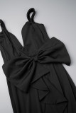 Черное повседневное милое повседневное элегантное однотонное платье с открытой спиной и бантом на бретельках