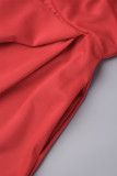 Rouge Quotidien Célébrités Élégant Patchwork Volant Couleur Unie Col V Robes Asymétriques