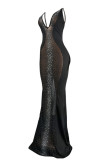 Vestido largo con correa de espagueti sin espalda transparente con perforación en caliente sexy negro Vestidos