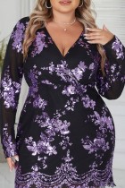 Black Purple Casual Patchwork Sequins V Neck Long Sleeve Plus Size Dresses