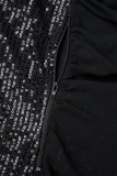 Schwarzes Party-formales Patchwork-Festkleid mit Pailletten, Patchwork-Pailletten, Netzstoff, einfarbig, trägerlos, Abendkleid