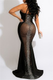 Vestidos longos pretos sexy patchwork furação a quente transparentes sem costas com alça de espaguete