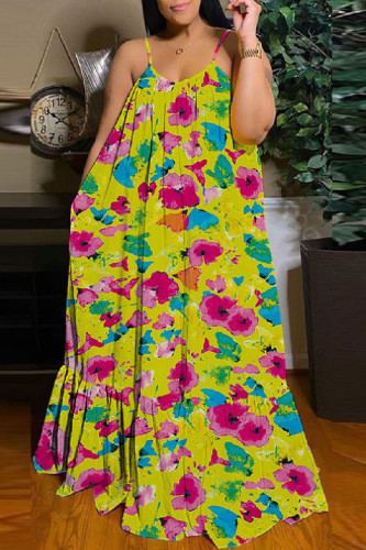 Yellow Sexy Casual Print Backless Spaghetti Strap Long Dress Dresses