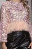 Pink Casual Patchwork Tassel Sequins O Neck Tops