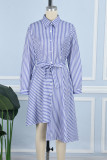 Синие повседневные повседневные простые полосатые асимметричные платья с рубашечным воротником