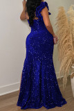 Blauwe sexy formele patchwork pailletten rugloze split spaghetti lange jurk jurken