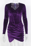 Dark Purple Sexy Solid Patchwork Zipper Asymmetrical Collar Wrapped Skirt Dresses