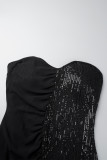 Zwarte feestformele patchwork effen pailletten patchwork lovertjes mesh effen kleur strapless avondjurkjurken