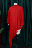 Красные повседневные однотонные асимметричные платья с высоким воротником и длинными рукавами больших размеров