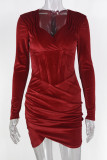 Бордовые сексуальные однотонные лоскутные платья-юбки с асимметричным воротником и застежкой-молнией