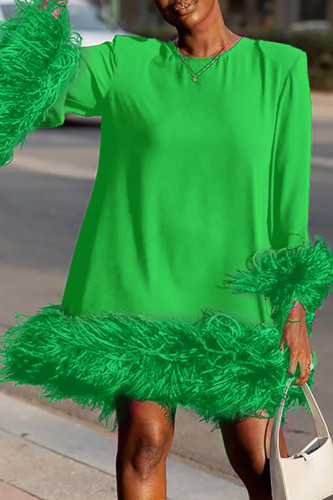 Grün Gelb Street Solid Patchwork Federn O-Ausschnitt Gerade Kleider