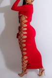 Красное сексуальное повседневное однотонное длинное платье с уздечкой и круглым вырезом