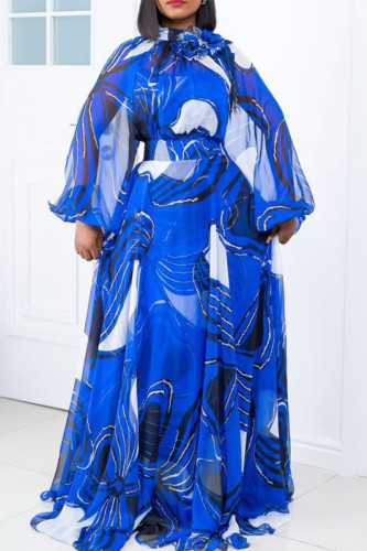Blauw Casual print patchwork O-hals A-lijn jurken (zonder decoratie)
