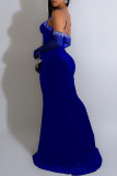 Blaues, sexy, formelles Patchwork-Hot Drilling, durchsichtiges, rückenfreies, langes Kleid mit Schlitz (mit Ärmeln)
