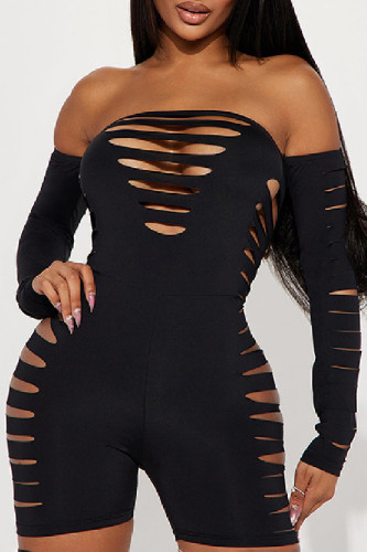 Black Sexy Solid Ripped Hollowed Out Backless Off the Shoulder Skinny Rompers