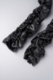 Calça preta casual sólida dobrável Plus tamanho cintura alta