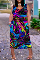 Mehrfarbiges, lässiges, bedrucktes Basic-Trägerkleid mit U-Ausschnitt und Kleider in Übergröße