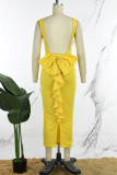 Amarelo casual doce diário elegante sem costas cor sólida com vestidos de alças finas
