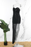 ブラックパーティーフォーマルパッチワークソリッドスパンコールパッチワークスパンコールメッシュソリッドカラーストラップレスイブニングドレスドレス
