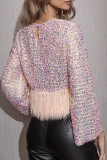 Pink Casual Patchwork Tassel Sequins O Neck Tops