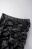 Pantalones negros informales de cintura alta con pliegues sólidos de talla grande