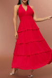 Красные повседневные однотонные длинные платья с открытой спиной и бретельками на шее