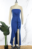 Blaue, elegante, formelle Abendkleider mit Rüschen und Schlitz