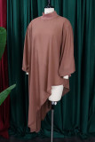Brown Casual Solid Asymmetrical Turtleneck Long Sleeve Plus Size Dresses