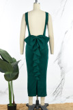 Verde casual doce diário elegante sem costas cor sólida com vestidos de alças finas com laço