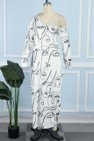Vit sexigt tryck Patchwork Pocket Oblique Collar Printed Dress Klänningar