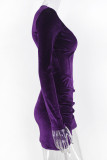 Dark Purple Sexy Solid Patchwork Zipper Asymmetrical Collar Wrapped Skirt Dresses