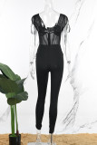 Blue Sexy Casual Daily Patchwork See-through Solid Color Spaghetti Strap Skinny Jumpsuits