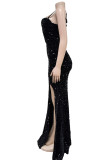 Black Sexy Formal Patchwork Sequins Backless Slit Spaghetti Strap Long Dress Dresses