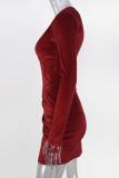 Burgundy Sexy Solid Patchwork Zipper Asymmetrical Collar Wrapped Skirt Dresses