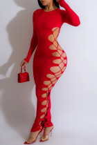 Rote, sexy, lässige, solide, ausgehöhlte Frenulum-O-Ausschnitt-lange Kleider