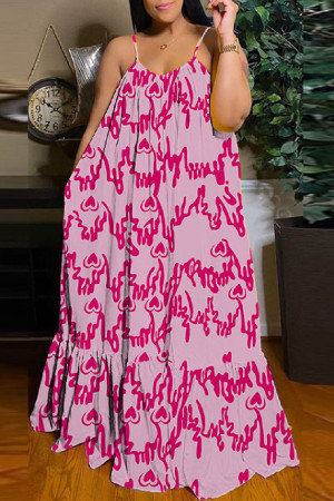Розовое сексуальное повседневное длинное платье с вырезом на спине и бретельками с принтом Платья
