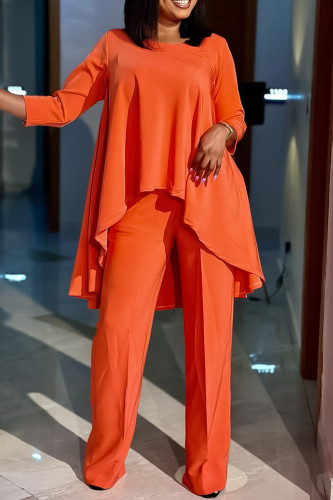 Tangerine Red Elegant Solid Patchwork O Neck Nine Points Sleeve Two Pieces