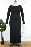 Черные повседневные однотонные базовые платья больших размеров с круглым вырезом и длинным рукавом