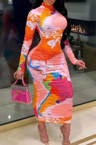 Pink Orange Casual Print Basic Half A Turtleneck Long Sleeve Dresses