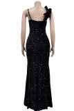 Zwarte sexy formele patchwork pailletten rugloze split spaghetti lange jurk jurken