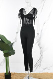 Black Sexy Casual Daily Patchwork See-through Solid Color Spaghetti Strap Skinny Jumpsuits