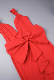 Красное повседневное милое повседневное элегантное однотонное платье с открытой спиной и бантом на бретельках