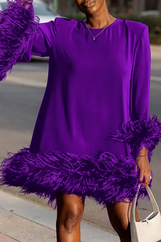 Purple Street Solid Patchwork Feathers O Neck Straight Dresses