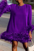 Пурпурные уличные однотонные лоскутные прямые платья с круглым вырезом и перьями