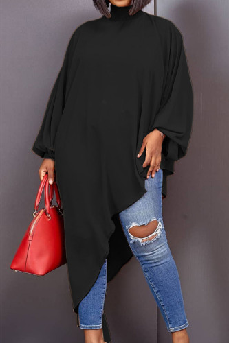 Black Casual Solid Asymmetrical Turtleneck Long Sleeve Plus Size Dresses